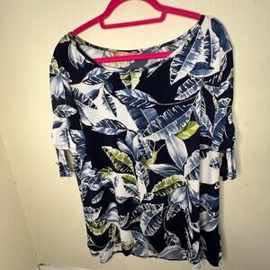 Amana Tropical Palm Leaf Textured Top 2X Stretch Knit Stitch Fix Tie Sleeve